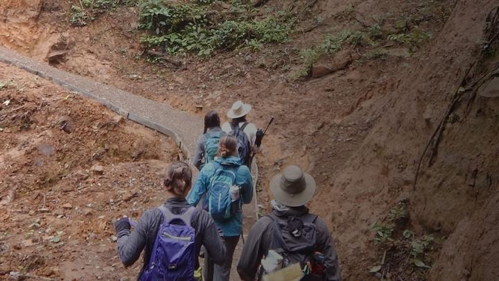 Students and faculty hiking across a terrain on a 出国留学 trip